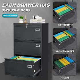 Filing Cabinet Lateral File Cabinet 3 Drawer, Blcak Locking Metal File Cabinets Three Drawer (Color: Black)